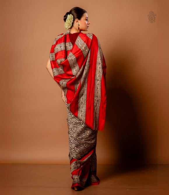 Handwoven Pure Mulberry Bengal Silk Saree Red and Black