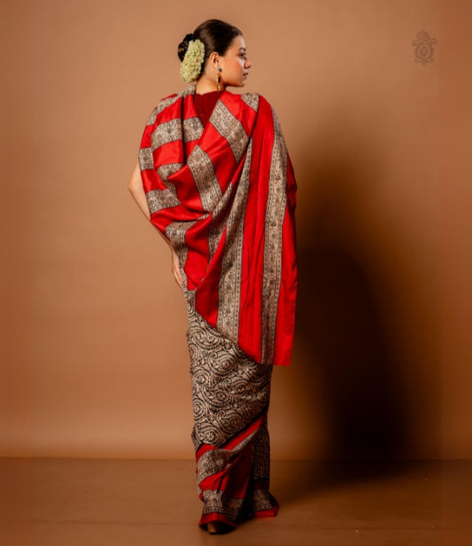 Handwoven Pure Mulberry Bengal Silk Saree Red and Black