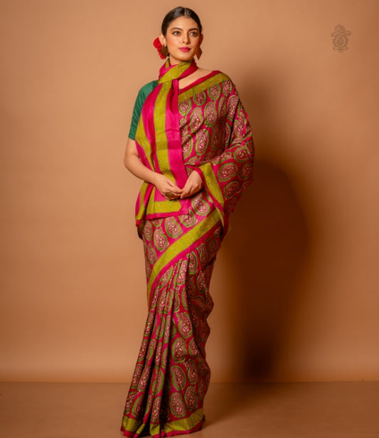 Handwoven Pure Mulberry Bengal Silk Saree Rani Pink