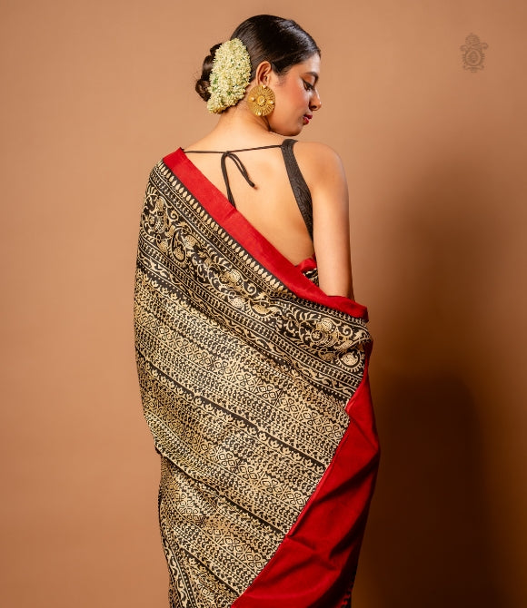 Handwoven Pure Mulberry Bengal Silk Saree Red & Black