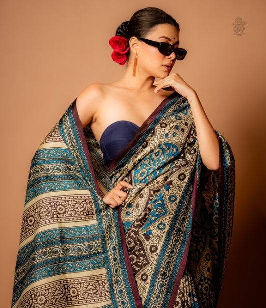 Handwoven Pure Mulberry Bengal Silk Saree Turquoise & Brown