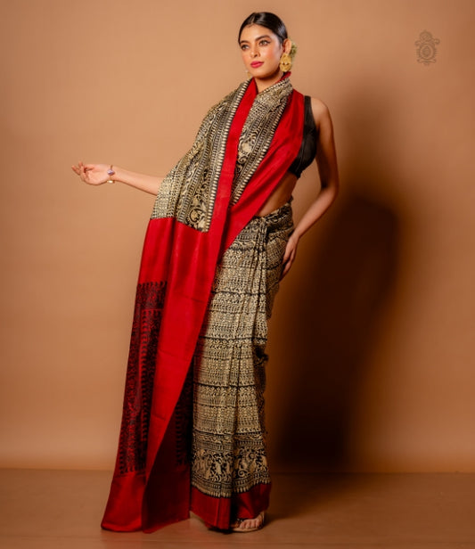 Handwoven Pure Mulberry Bengal Silk Saree Red & Black