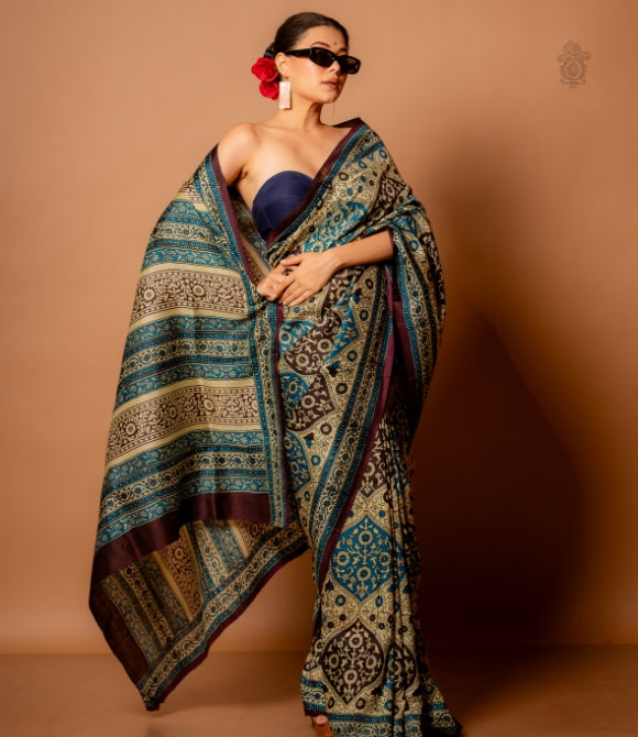 Handwoven Pure Mulberry Bengal Silk Saree Turquoise & Brown
