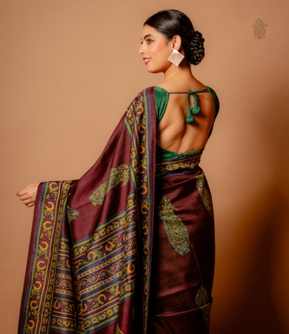 Handwoven Pure Mulberry Bengal Silk Saree Deep Brown