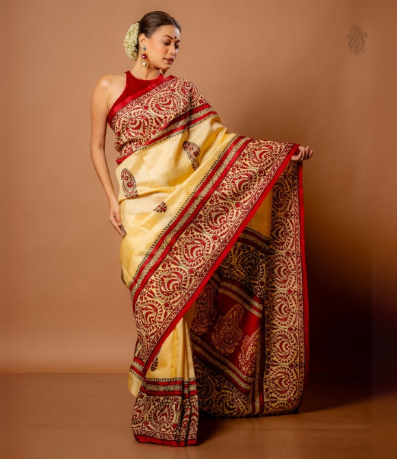 Handwoven Pure Mulberry Bengal Silk Saree Cream - Red - Black