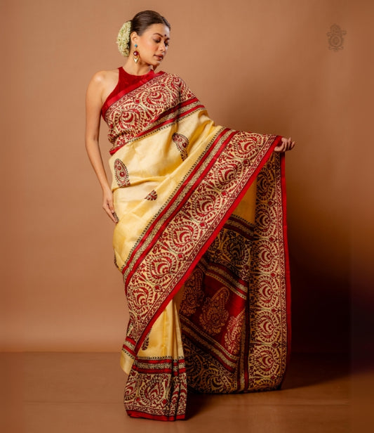 Handwoven Pure Mulberry Bengal Silk Saree Cream - Red - Black