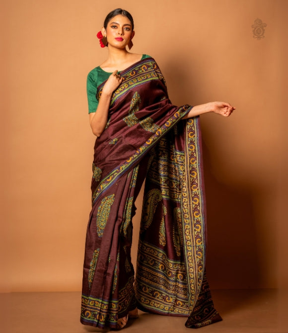 Handwoven Pure Mulberry Bengal Silk Saree Deep Brown