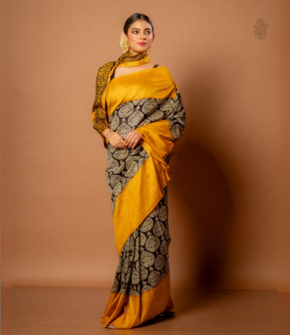 Handwoven Pure Mulberry Bengal Silk Saree Yellow - Black