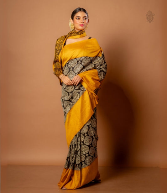 Handwoven Pure Mulberry Bengal Silk Saree Yellow - Black