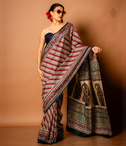 Handwoven Pure Mulberry Bengal Silk Saree Pink & Blue
