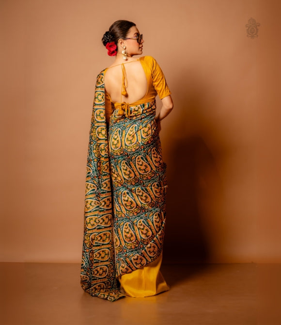 Handwoven Pure Mulberry Bengal Silk Half & Half Yellow Multicolour