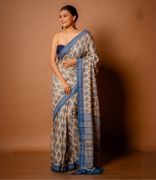 Handwoven Vidarbh Tussar Cotton Blend Saree Blue