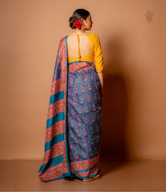 Pure Gachhi Bengal Tussar Saree Turquoise Blue