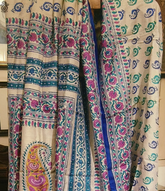 Pure Gachhi Bengal Tussar Saree White - Multicolour
