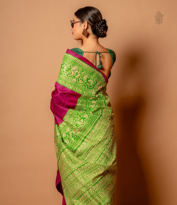 Handwoven Pure Mulberry Bengal Silk Saree Purple & Green