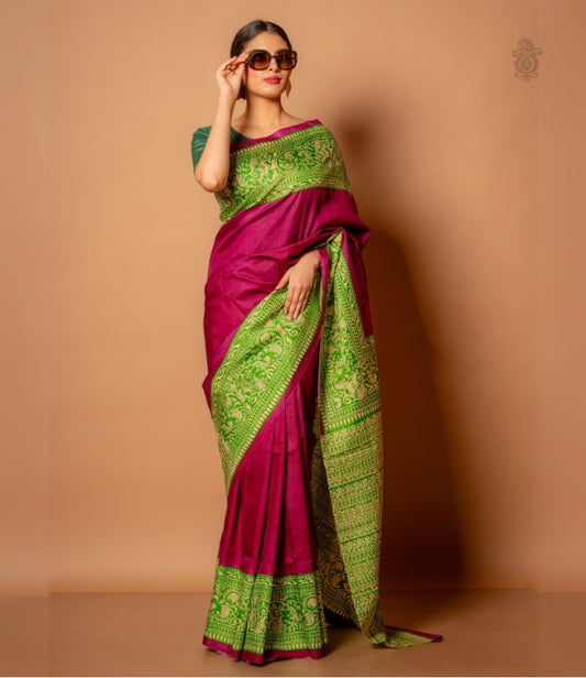 Handwoven Pure Mulberry Bengal Silk Saree Purple & Green