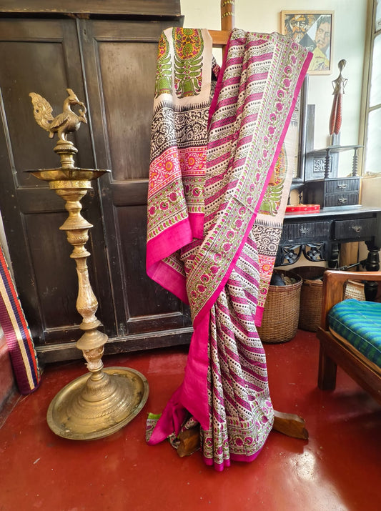 Pure Gachhi Bengal Tussar Saree Pink and Green