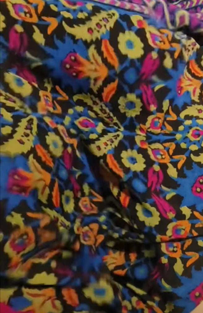 Hand Block Printed Pure Chinon Silk Saree Black Multicolour