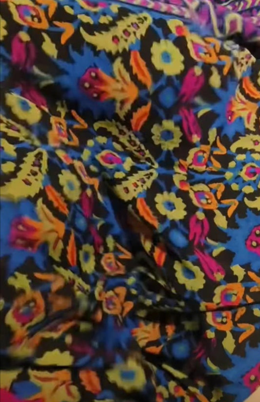Hand Block Printed Pure Chinon Silk Saree Black Multicolour