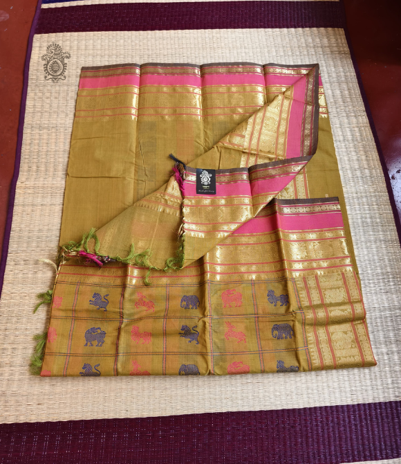 Handwoven Pure Cotton Kanchipuram Zari Saree Olive Green
