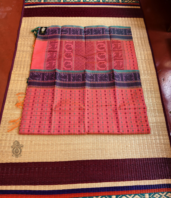 Handwoven Pure Cotton Kanchipuram Saree Peach Pink