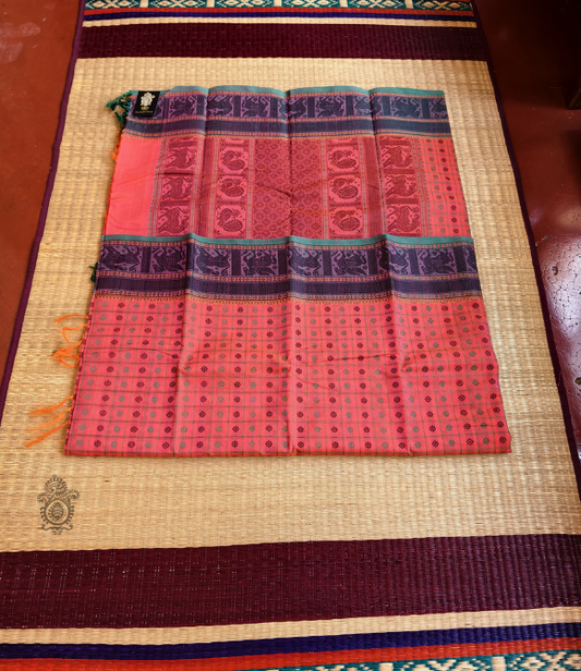 Handwoven Pure Cotton Kanchipuram Saree Peach Pink