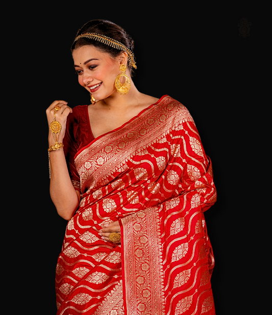 Handwoven Pure Bridal Benarasi Cutwork Saree Grand Red | Kalakriti By Paroma