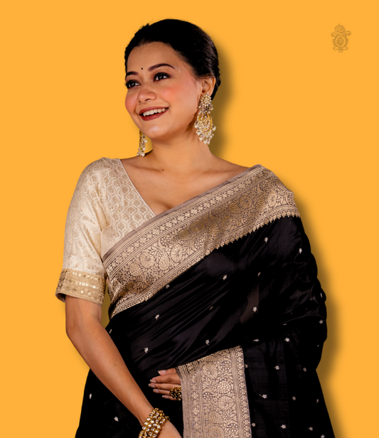 Handwoven Pure Kariyal Benarasi Saree Black and Grey