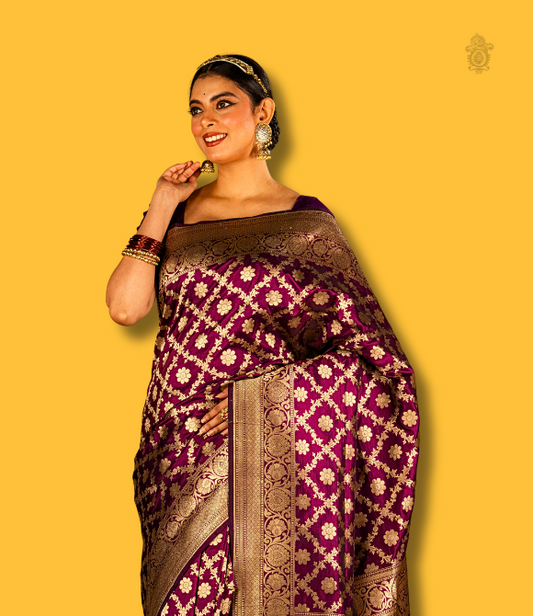 Handwoven Pure Katan Grand Bridal Silk Benarasi Saree Dark Purple