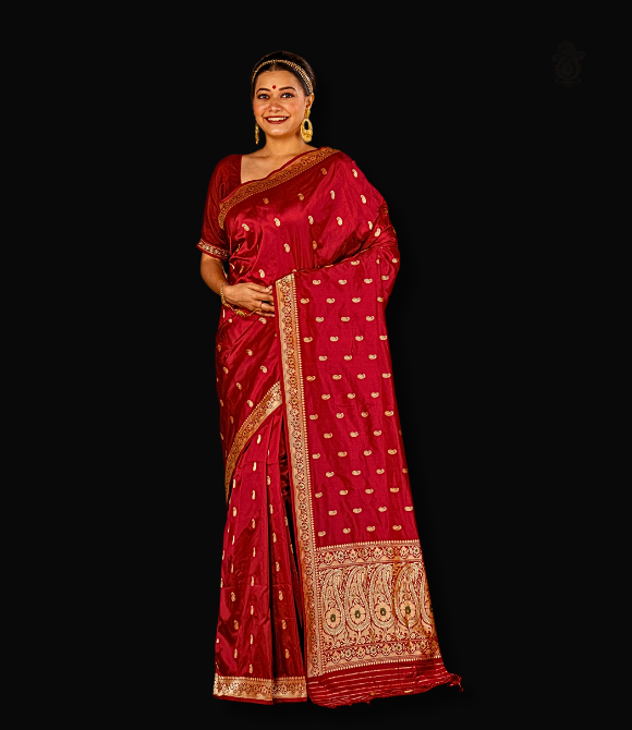Handwoven Pure Katan Silk Kadhua Kairi Benarasi Saree Red | Kalakriti By Paroma