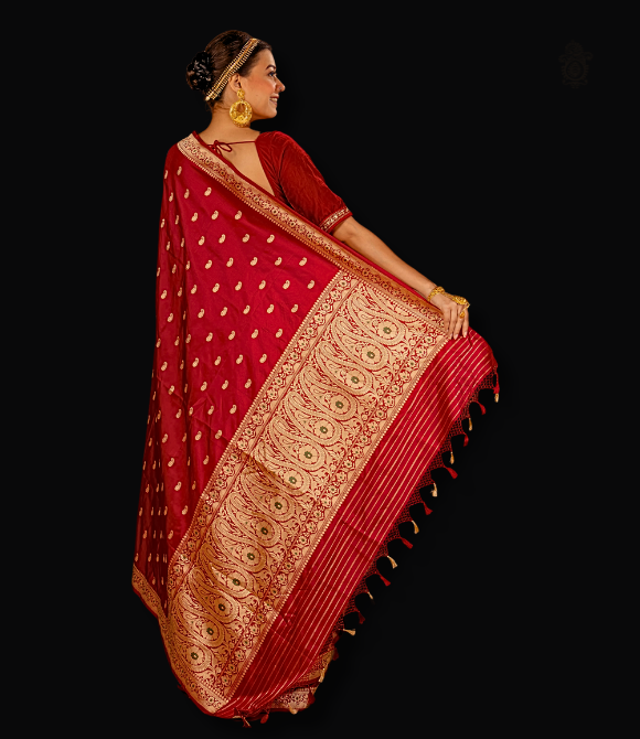 Handwoven Pure Katan Silk Kadhua Kairi Benarasi Saree Red | Kalakriti by Paroma