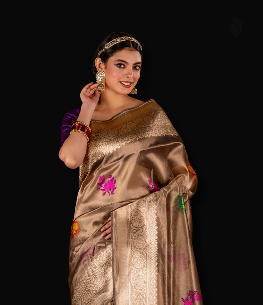 Handwoven Pure Katan Silk Tissue Brocade Benarasi Saree Brown | Kalakriti by Paroma | Best Handloom Boutique India