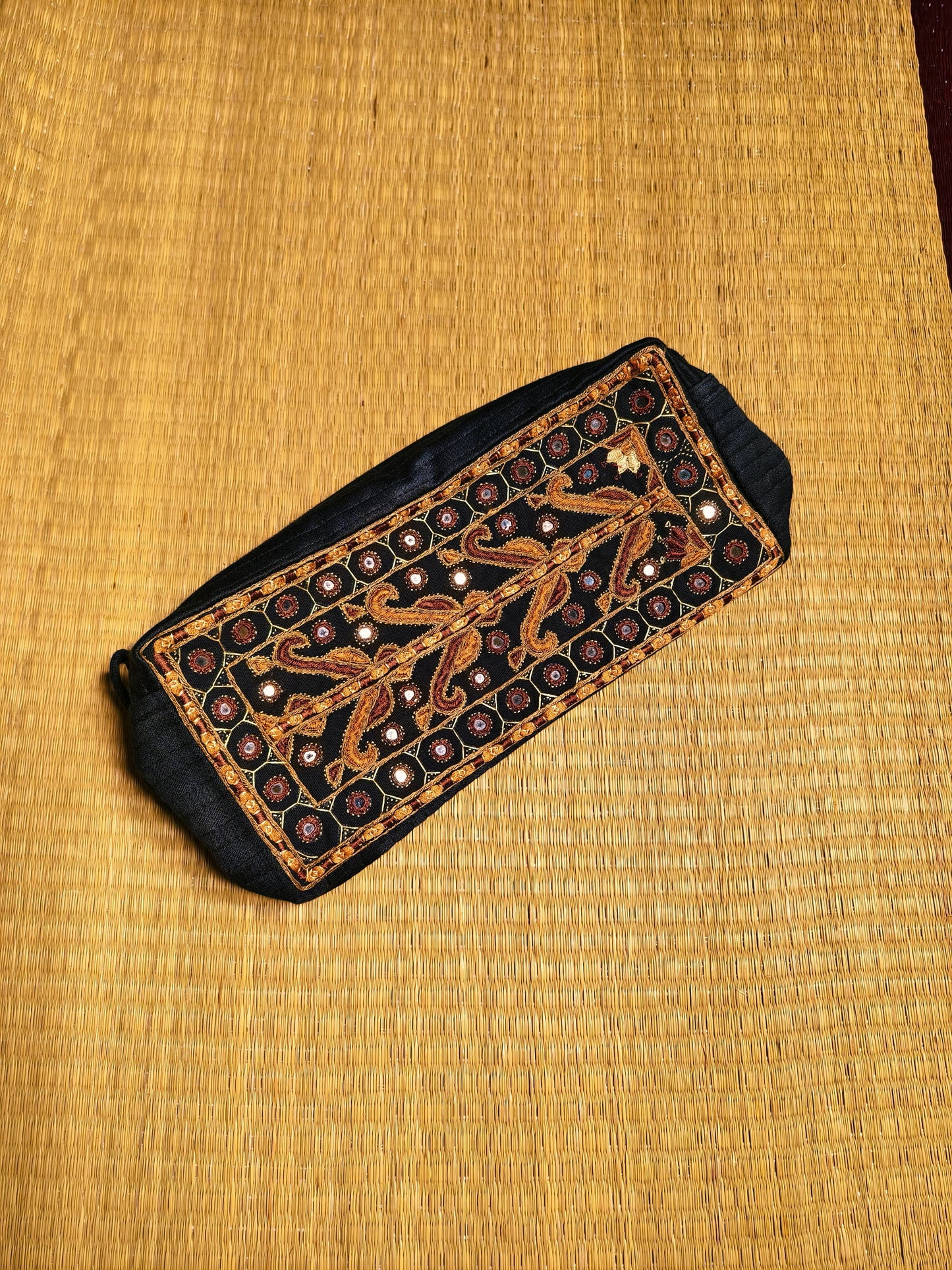 Black Kutch Hand-Embroidered Mirror Work Silk Travel Pouch