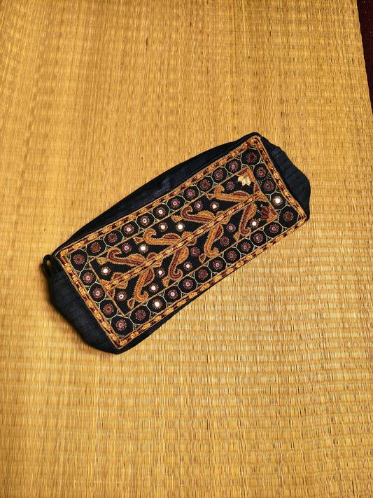 Black Kutch Hand-Embroidered Mirror Work Silk Travel Pouch