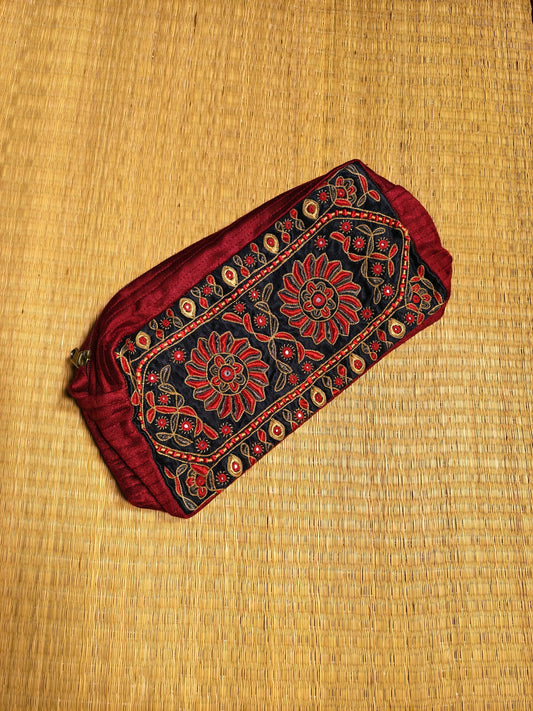 Maroon Kutch Hand-Embroidered Mirror Work Silk Travel Pouch