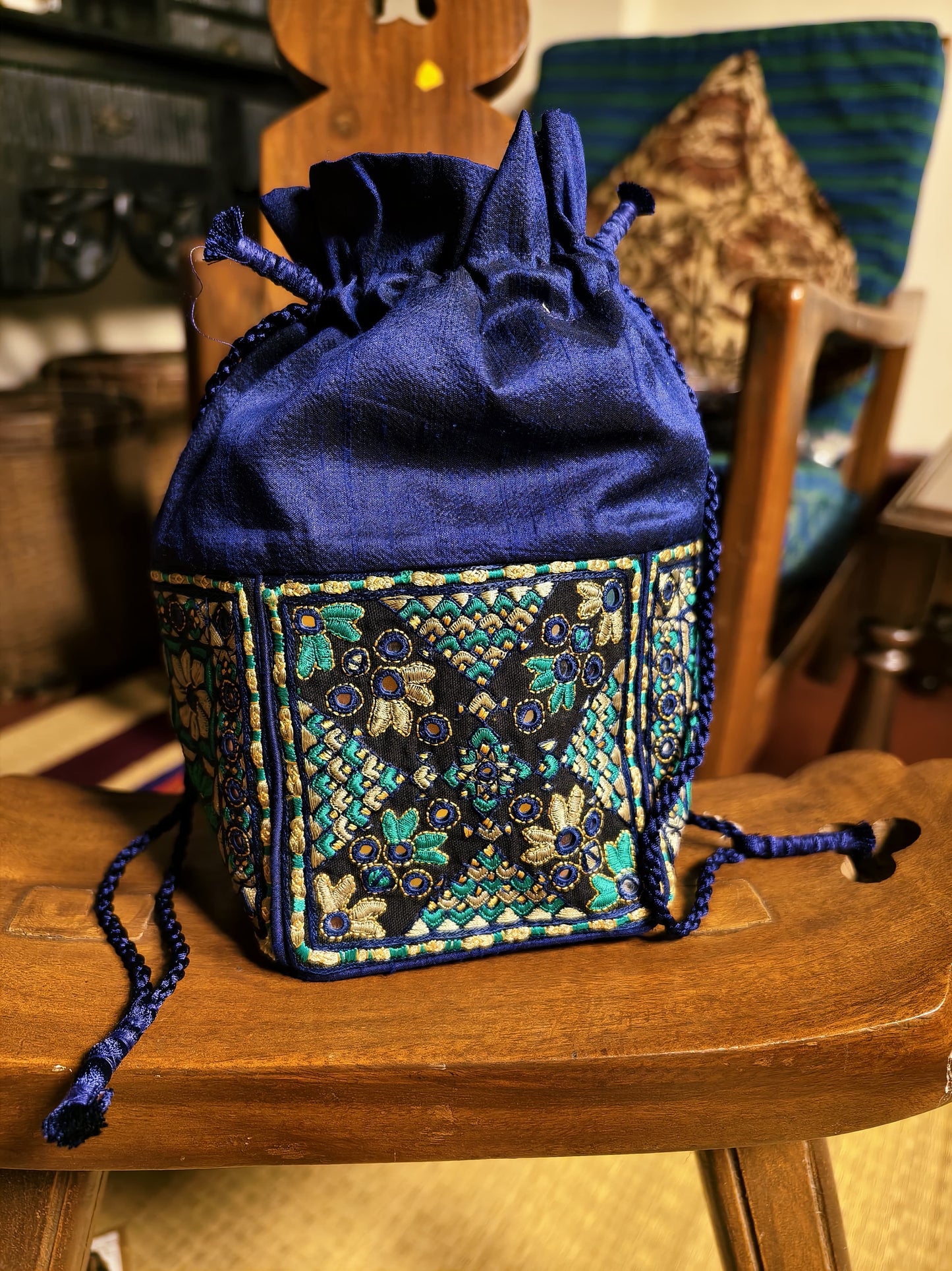 Blue and Black Kutch Embroidered Potli Bag