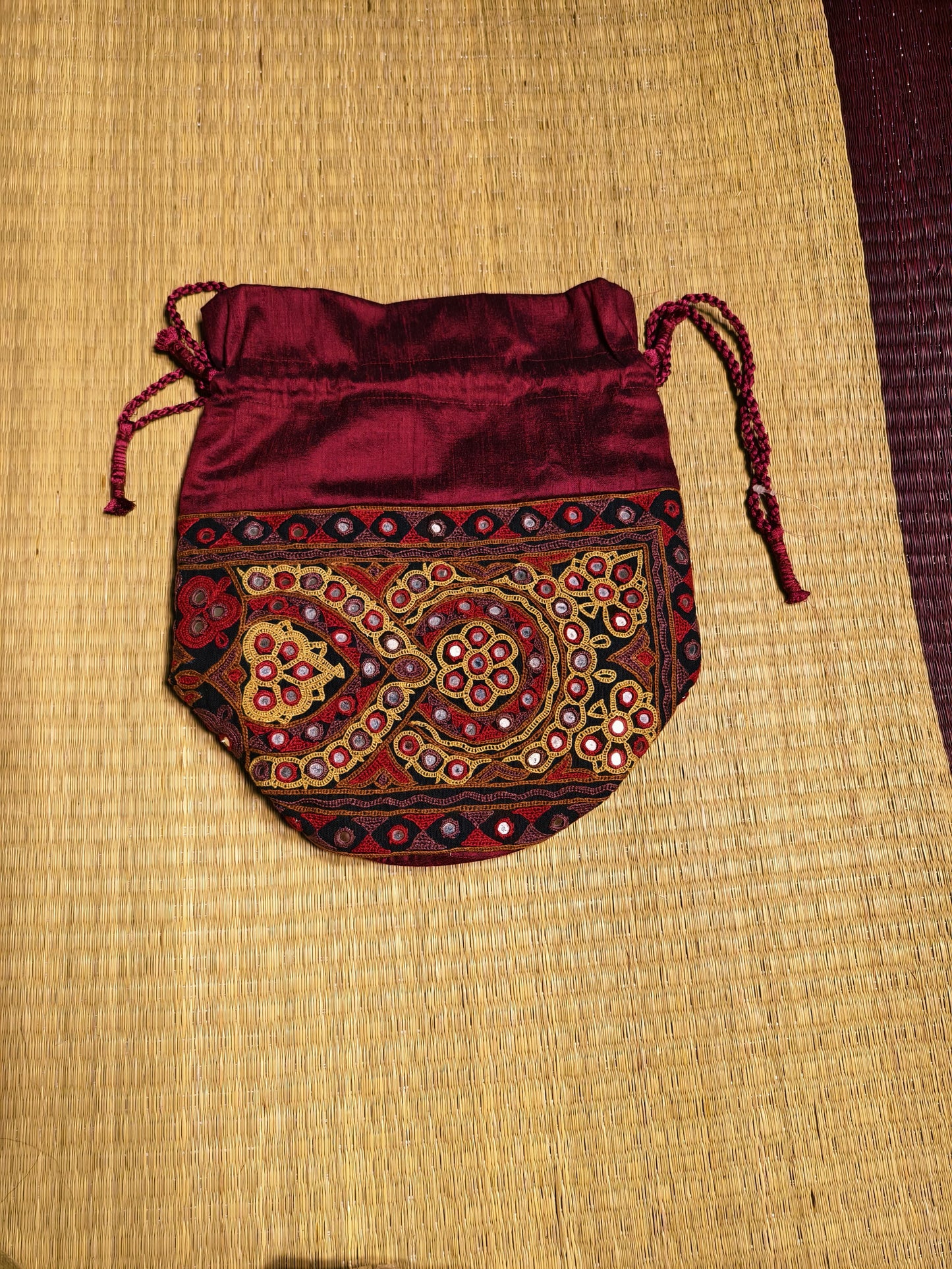 Maroon Kutch Hand-Embroidered Mirror Work Potli Bag