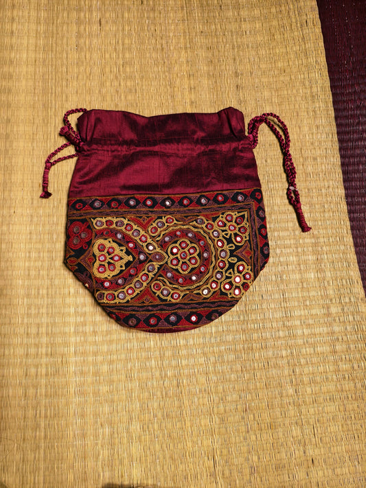 Maroon Kutch Hand-Embroidered Mirror Work Potli Bag