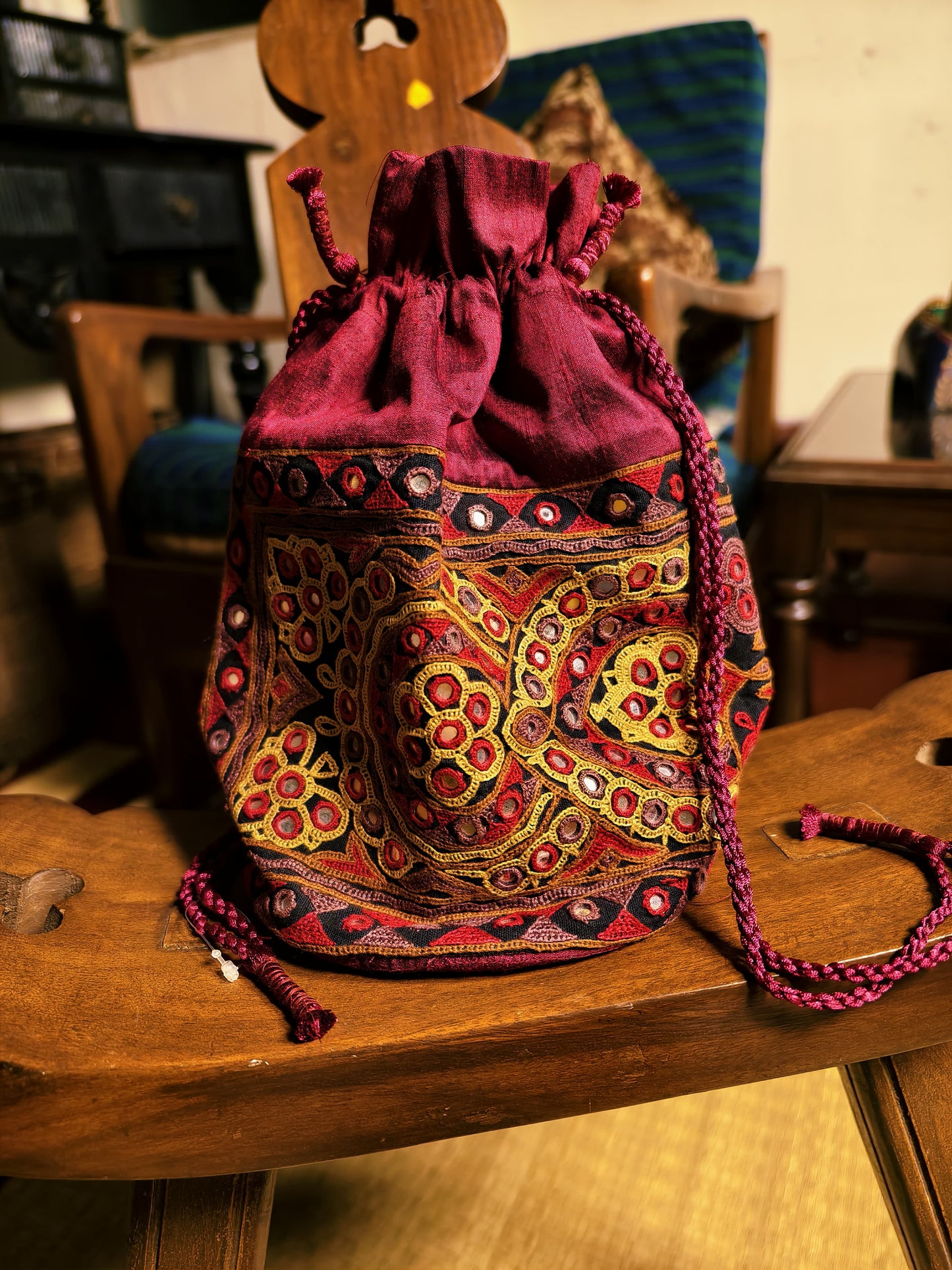 Maroon Kutch Hand-Embroidered Mirror Work Potli Bag