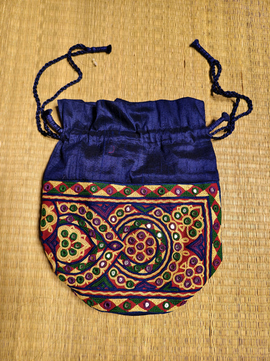 Blue Kutch Hand-Embroidered Mirror Work Potli Bag