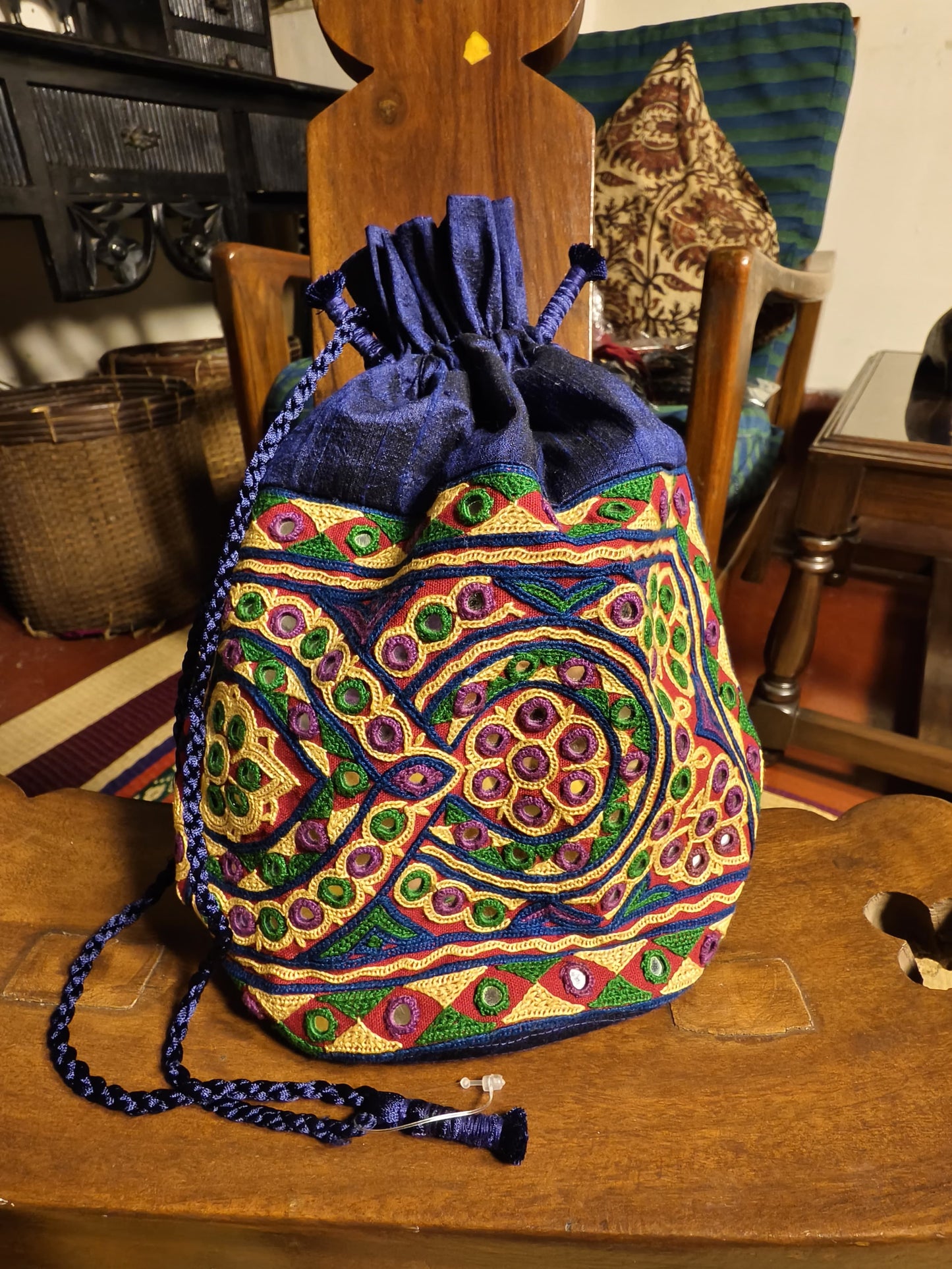 Blue Kutch Hand-Embroidered Mirror Work Potli Bag