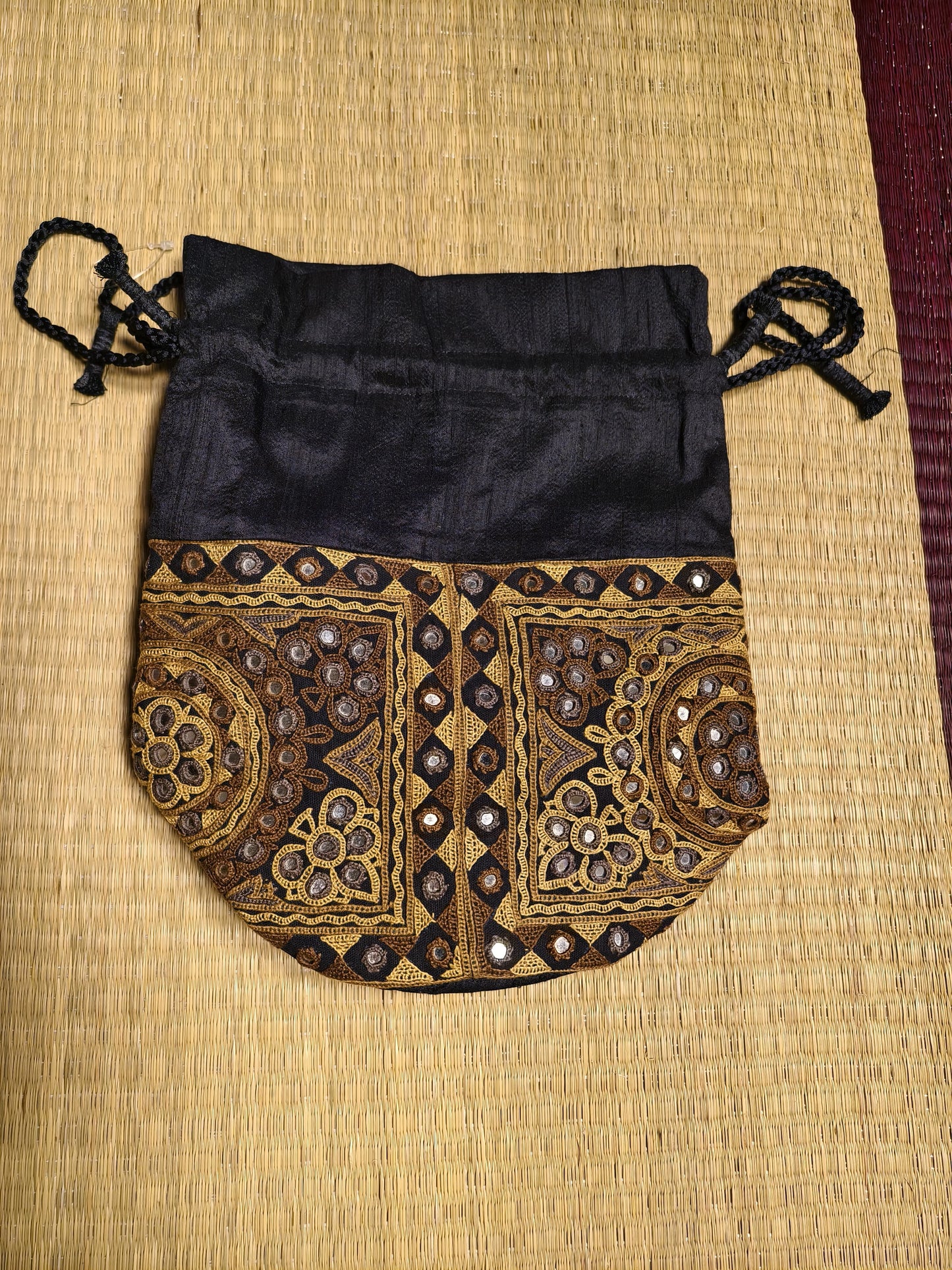 Black Kutch Hand-Embroidered Mirror Work Potli Bag