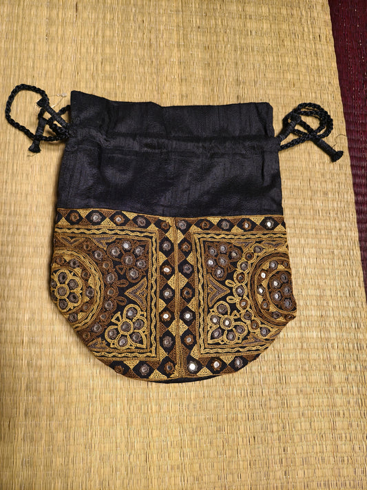 Black Kutch Hand-Embroidered Mirror Work Potli Bag