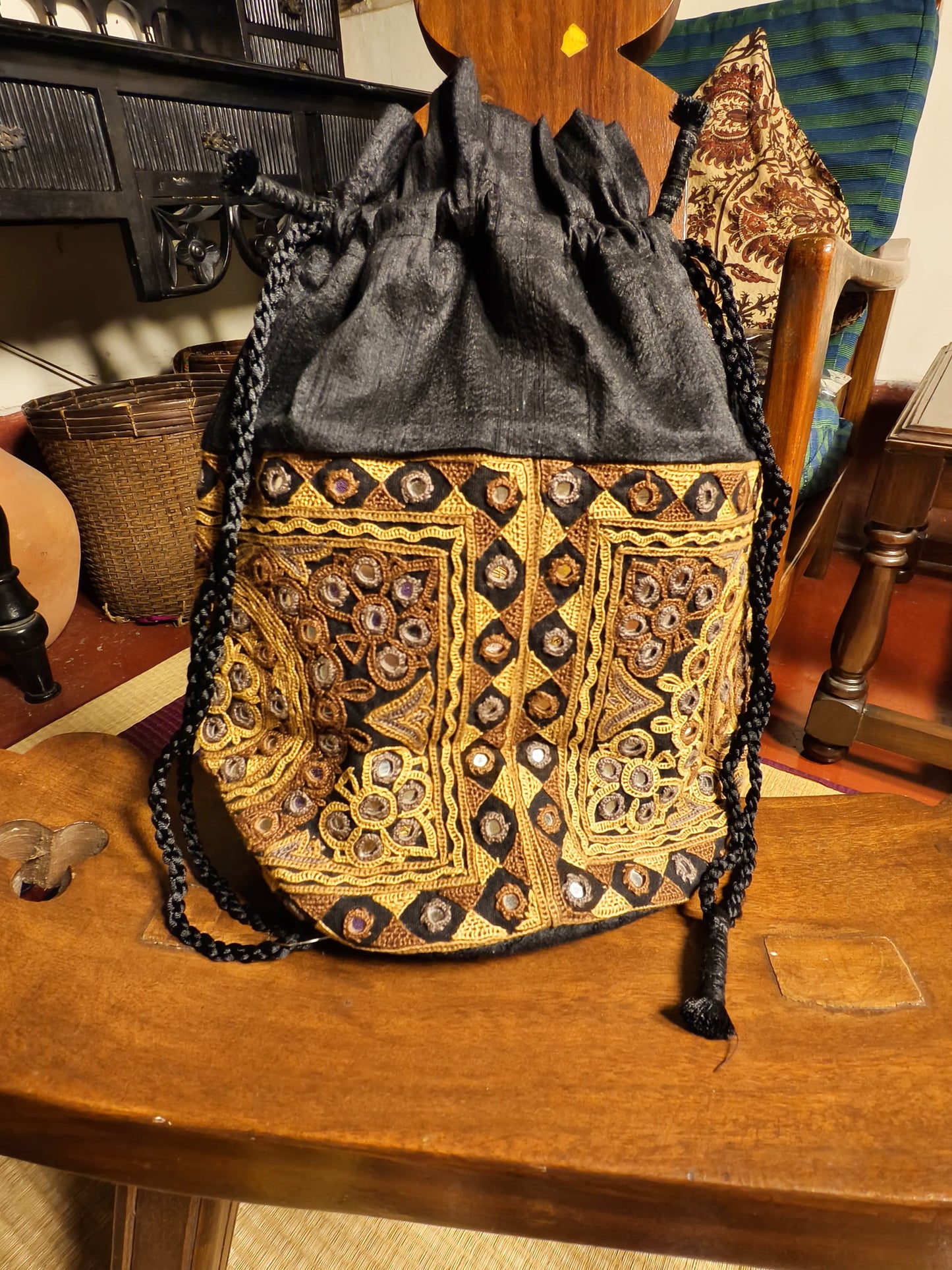 Black Kutch Hand-Embroidered Mirror Work Potli Bag