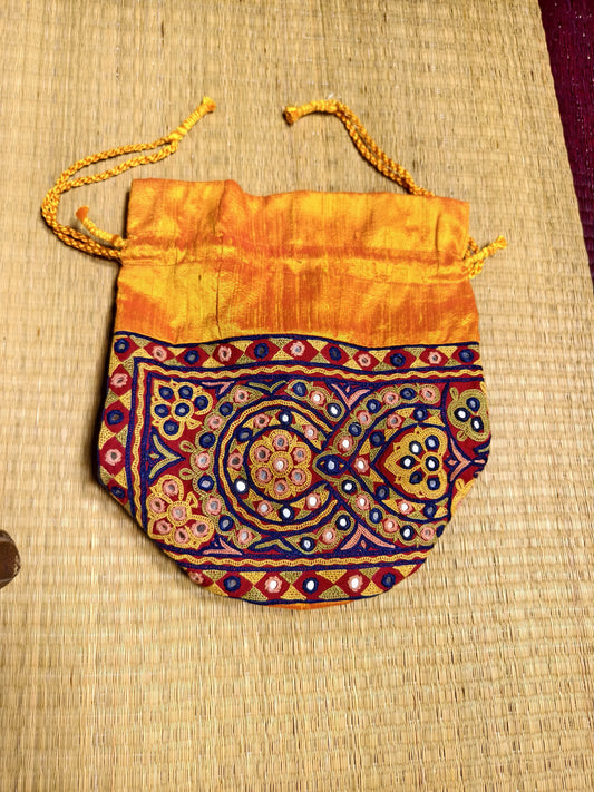 Yellow Kutch Hand-Embroidered Mirror Work Potli Bag