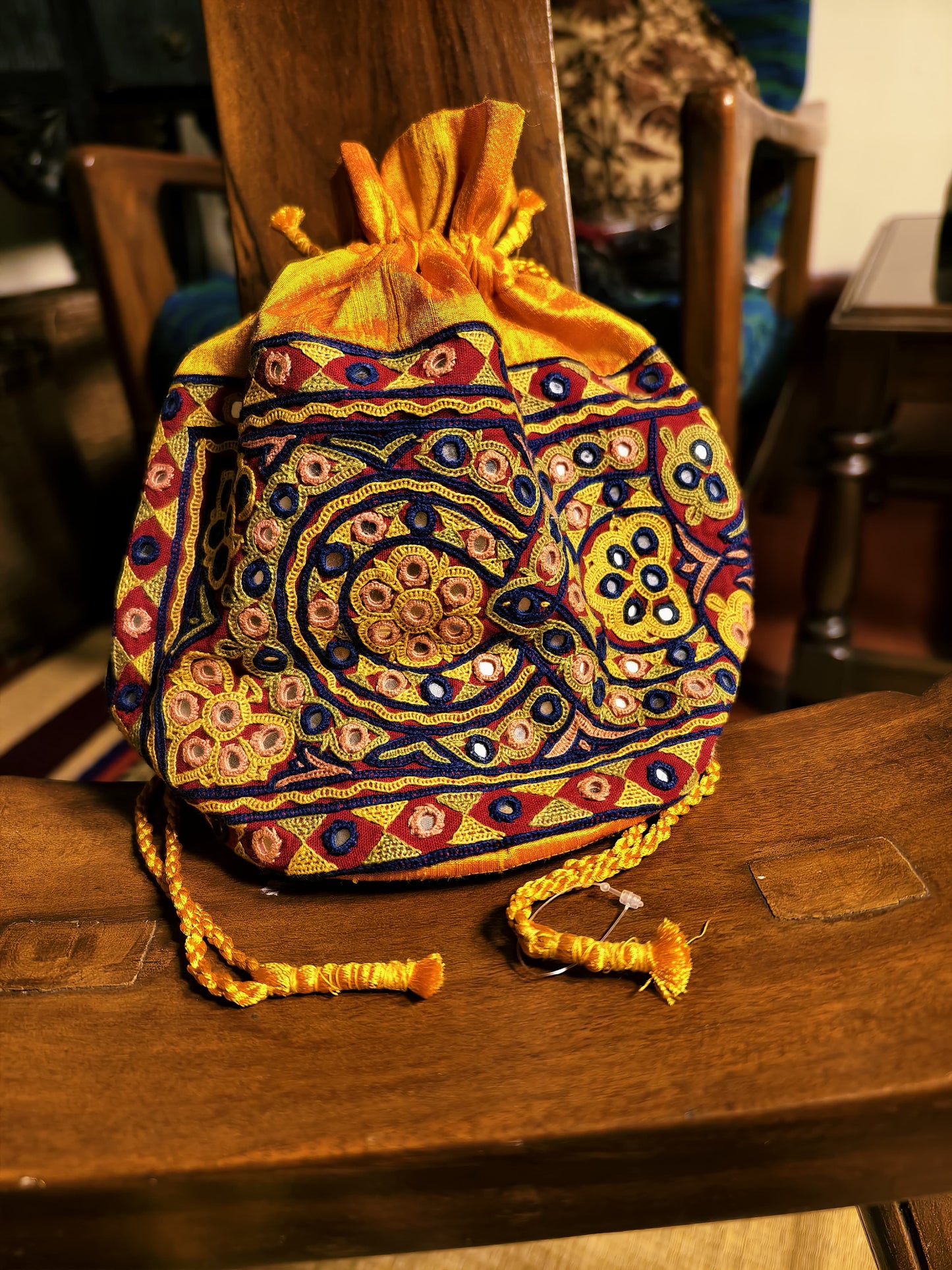 Yellow Kutch Hand-Embroidered Mirror Work Potli Bag