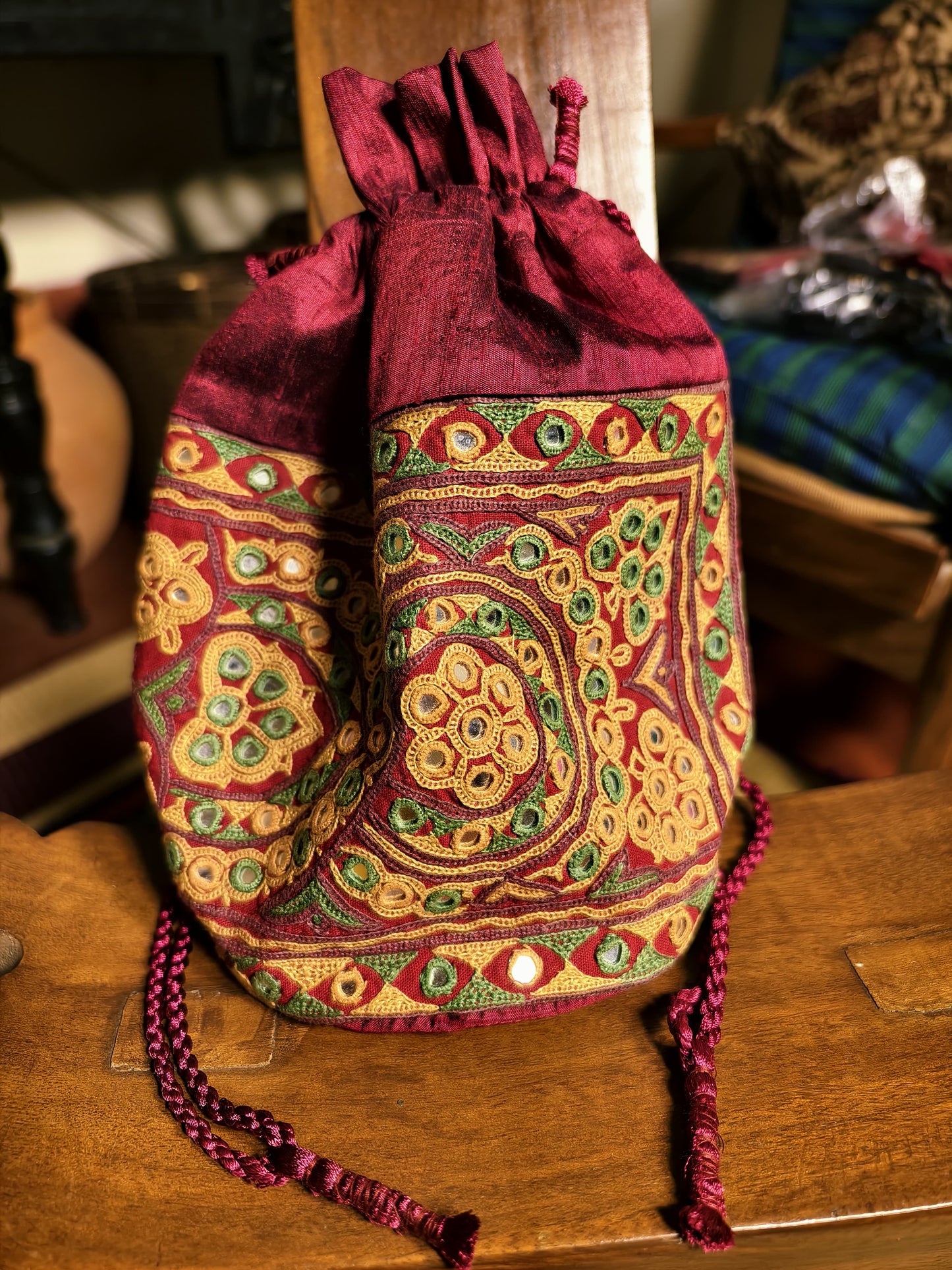 Maroon Kutch Hand-Embroidered Mirror Work Potli Bag