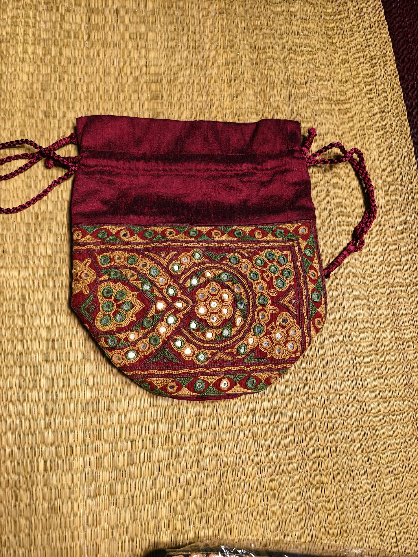 Maroon Kutch Hand-Embroidered Mirror Work Potli Bag