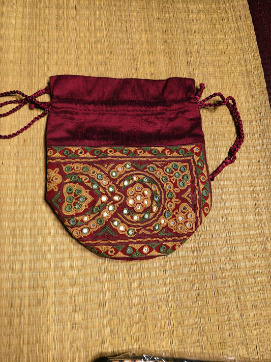 Maroon Kutch Hand-Embroidered Mirror Work Potli Bag