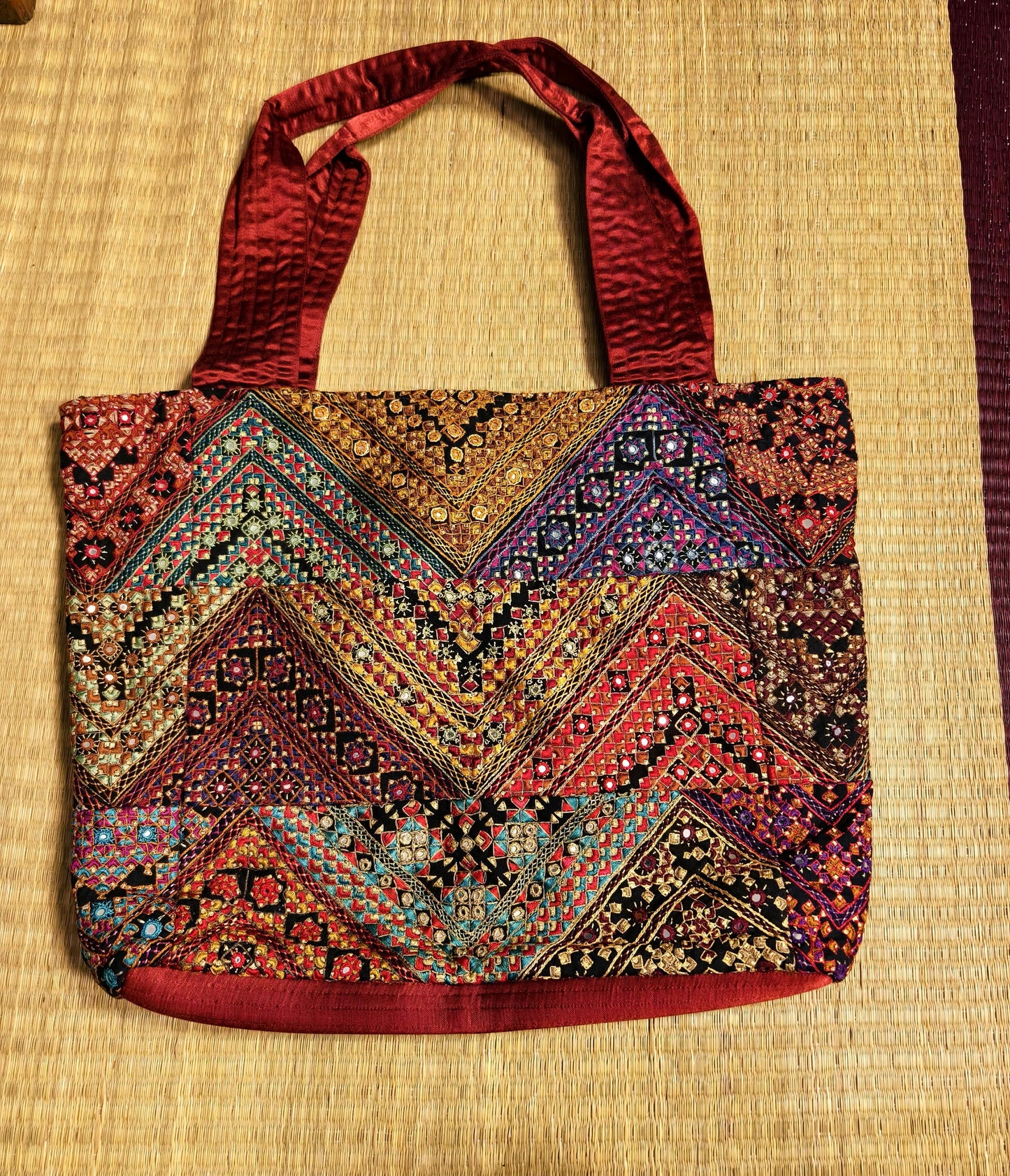 Pure Silk Maroon Multicolour Kutch Hand-Embroidered Big Tote Bag